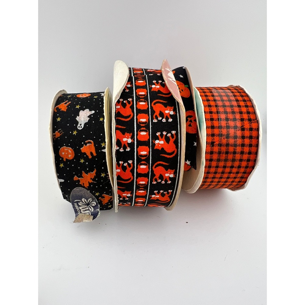 Vintage Halloween Fabric Ribbon Lot of 4 Spools Cats Ghosts Pumpkins